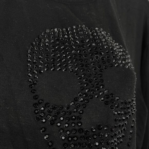 Brit NY Sequined Sugar Skull T-shirt Top Women size Large Black Long Sleeve - Picture 5 of 10